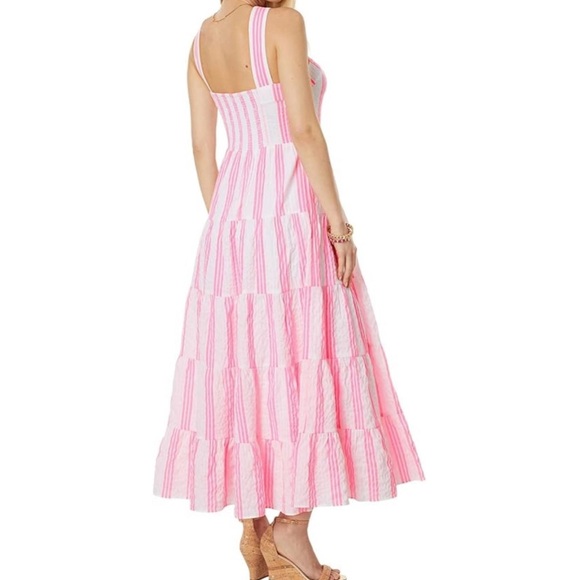 Lilly Pulitzer Jenette Halter Midi Dress Havana Pink Stripes Seersucker Size 10 - Picture 12 of 16
